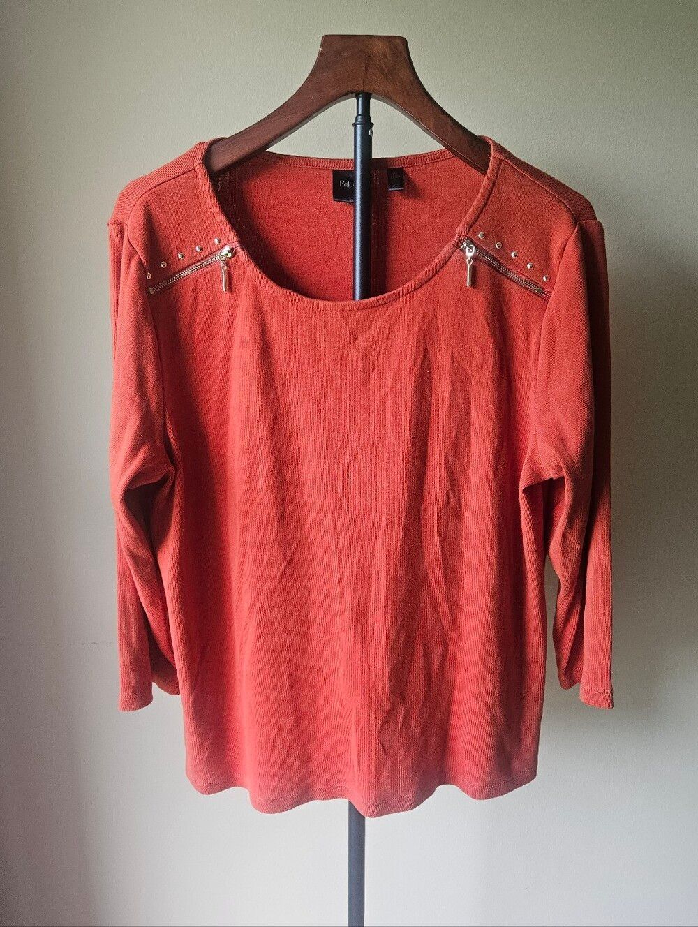 Rafaella Women's Orange Long Sleeve Scoop Neck Top with Shoulder Zippers Size XL